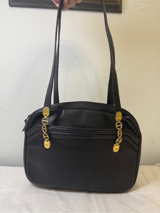 Dior Handbags - Christian Dior Black Leather Shoulder Bag with CD Gold Chain Accents